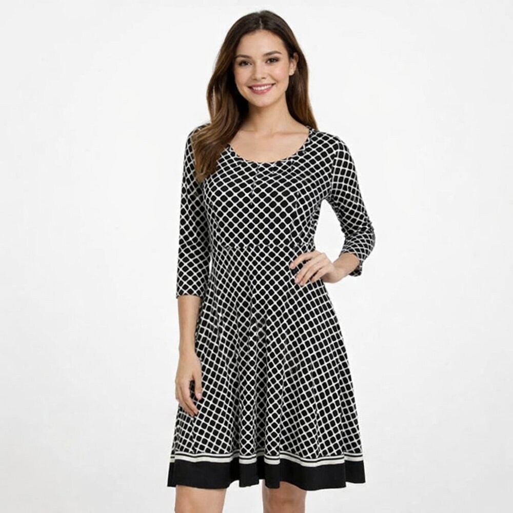 Talbots Black and White Patterned Long Sleeve Dress